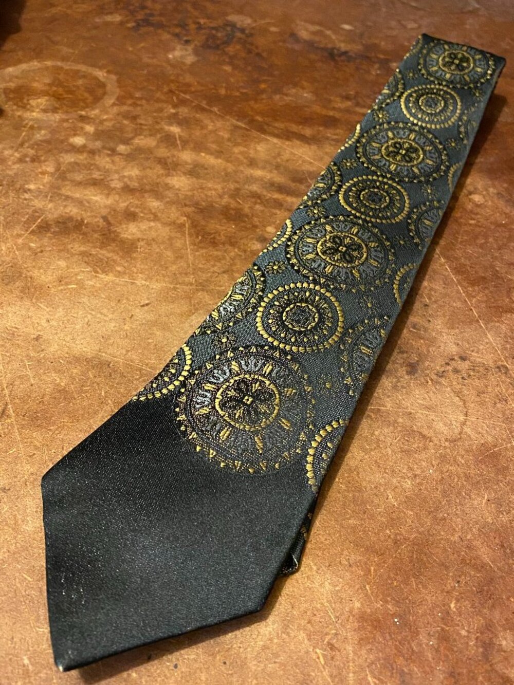 1960s Vintage Roos Atkins Damon 100% Silk Tie Black and Gold Jacquard Brocade